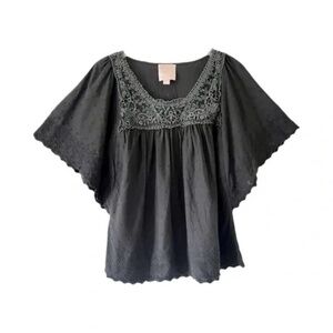Romeo & Juliet Couture | Black Embroidered Lace Swiss Dot Batwing Top, Large